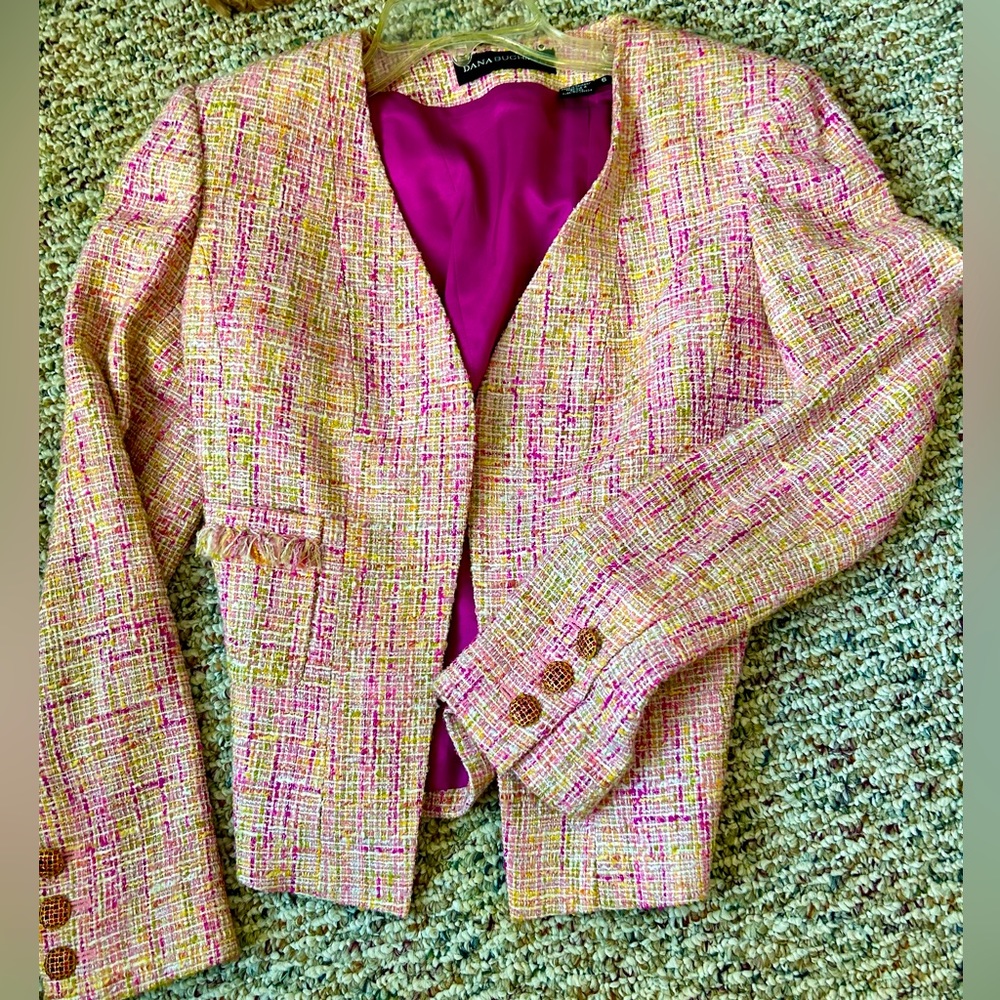 Dana Buchman jacket in pink & lime, heavy tweed. Rhinestone buttons. Size 6.